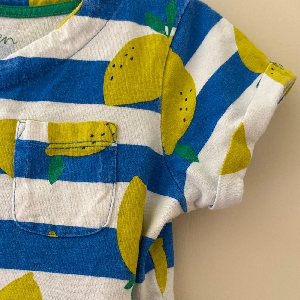 Mini Boden Girls Lemon Print Dress Blue White Striped Summer Outfit Cute Sz 4-5